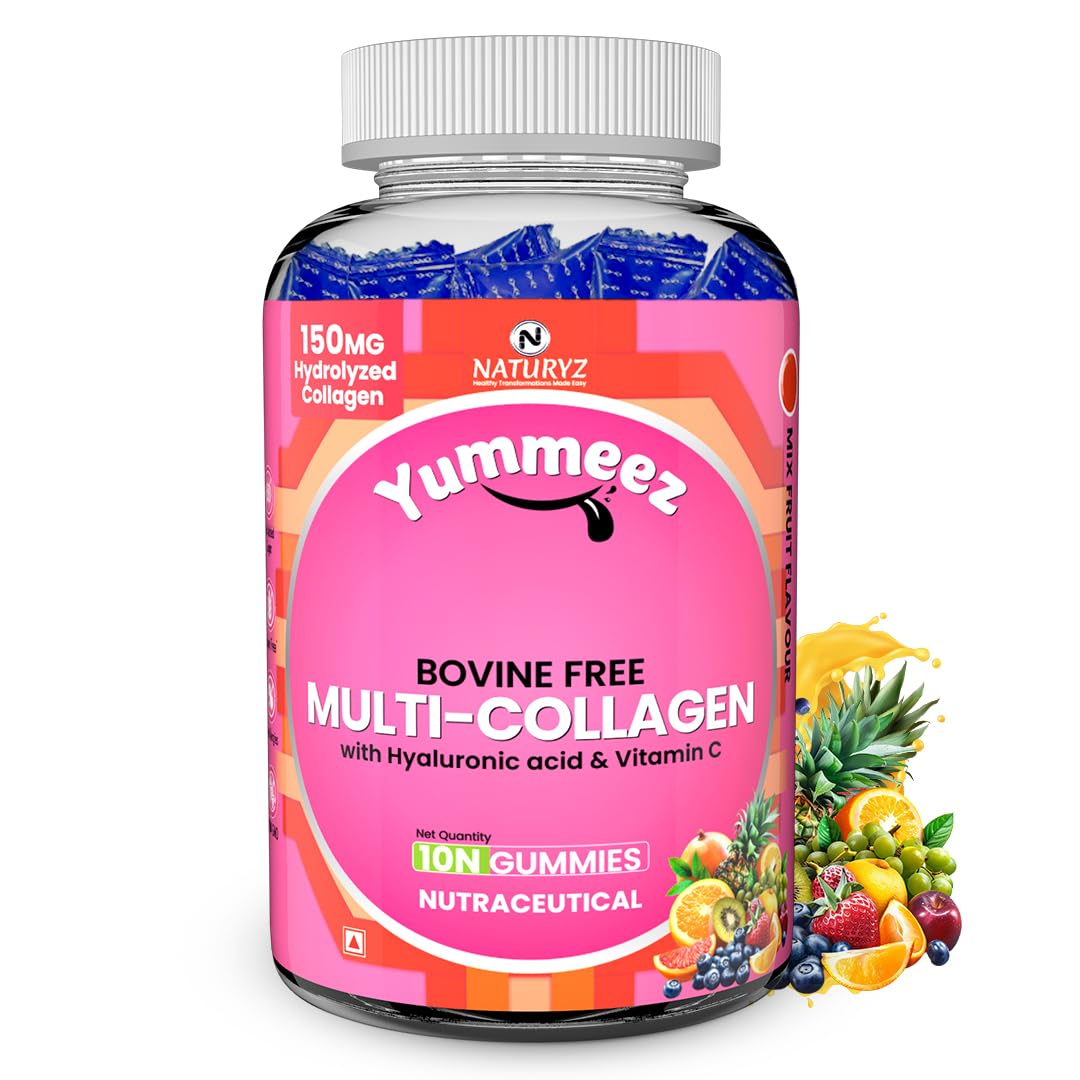 Bottle of Yummeez multi-collagen gummies with colorful label on a white background