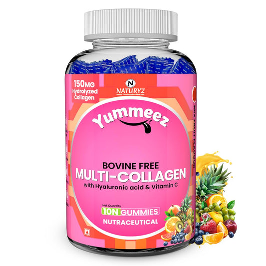 Bottle of Yummeez multi-collagen gummies with colorful label on a white background