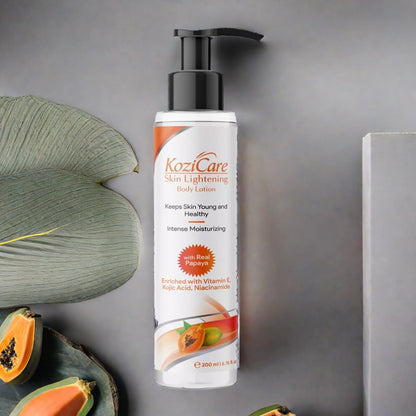 KoziCare Skin Lightening Body Lotion with pump on a gray background
