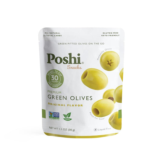 Poshi Green Olives On-The-Go - Single Serve Pitted Olives - Convenient and Healthy Snack Packs - All Natural, Non-GMO, Kosher, Gluten-Free - 1.1 Oz