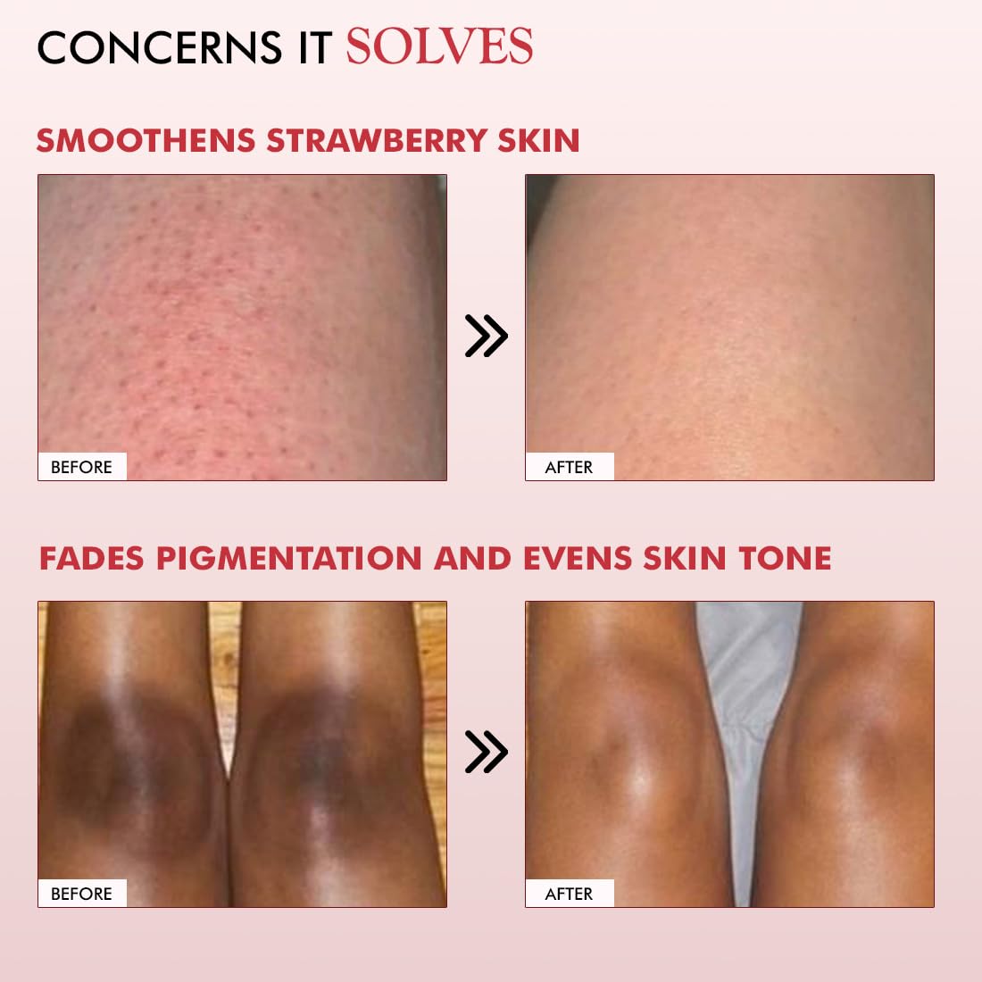 Before and after effects of a skincare product on strawberry skin and pigmentation.