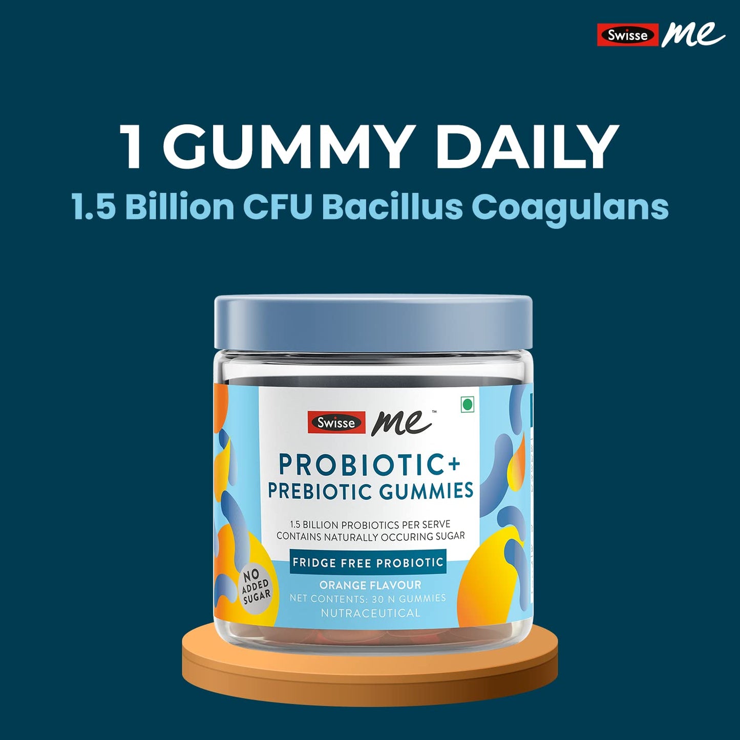 Zephivo SwisseMe Probiotics Prebiotic Gummies - Probiotic Supplement With 1.5 Billion CFU, Zero Added Sugar Fridge Free Probiotic - 30 Gummies (One Gummy Per Serving, Orange Flavour)
