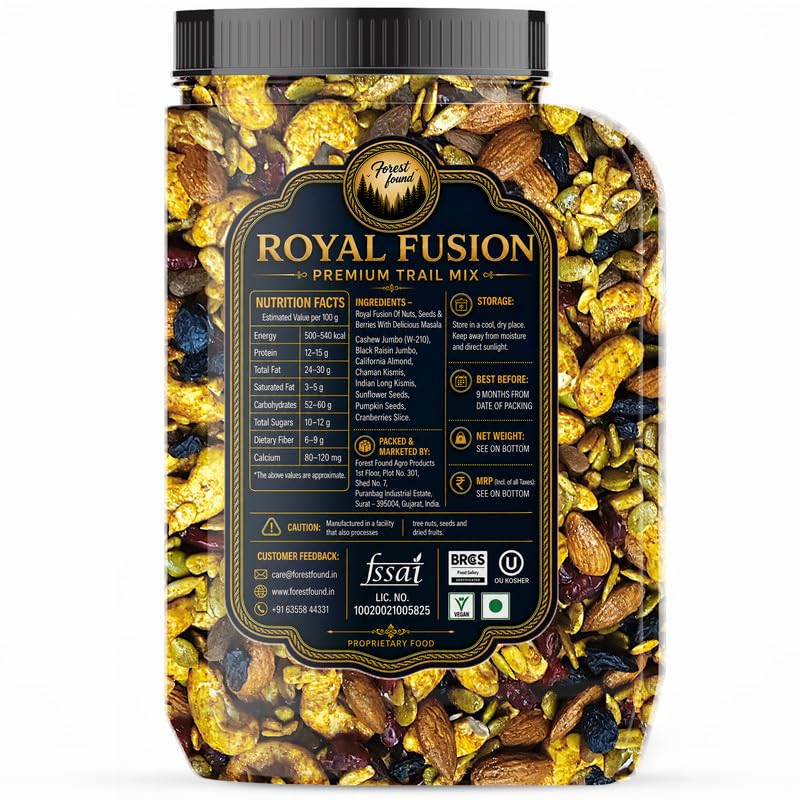 Forest Found Royal Fusion Dry Fruits Trail Mix - | Premium Dry Fruit Mix For Snacking | With Cashews, Almonds, Raisins, Cranberries, Sunflower & Pumpkin Seeds | No Palm Oil & Flavours