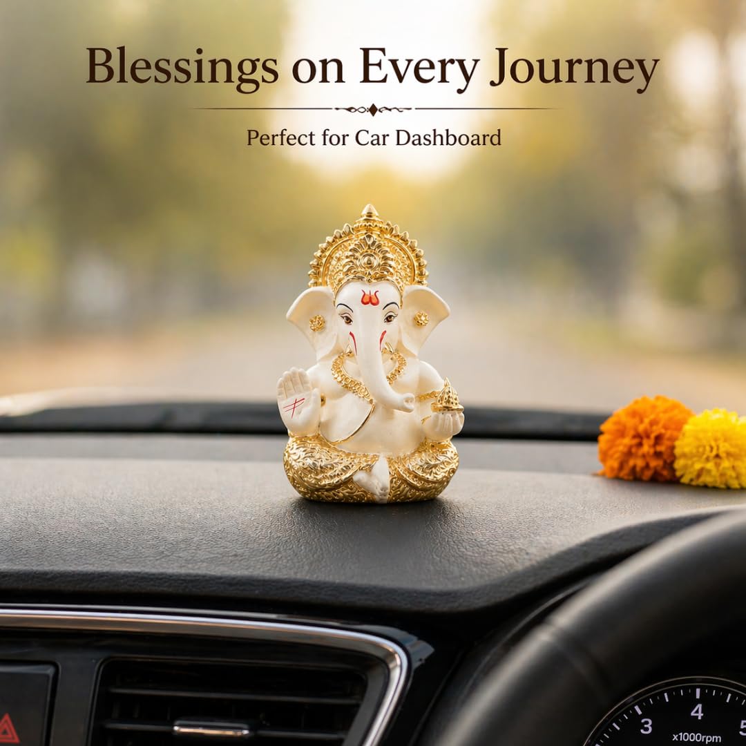 Gold Art India Ganesha Gold Plated Idol for Car Dashboard Ganesha Murti Ganpati Idol for Home Decor Puja Lord Ganesh Statue Gift for Office Desk Puja Room Figurine (Gold and Cream)