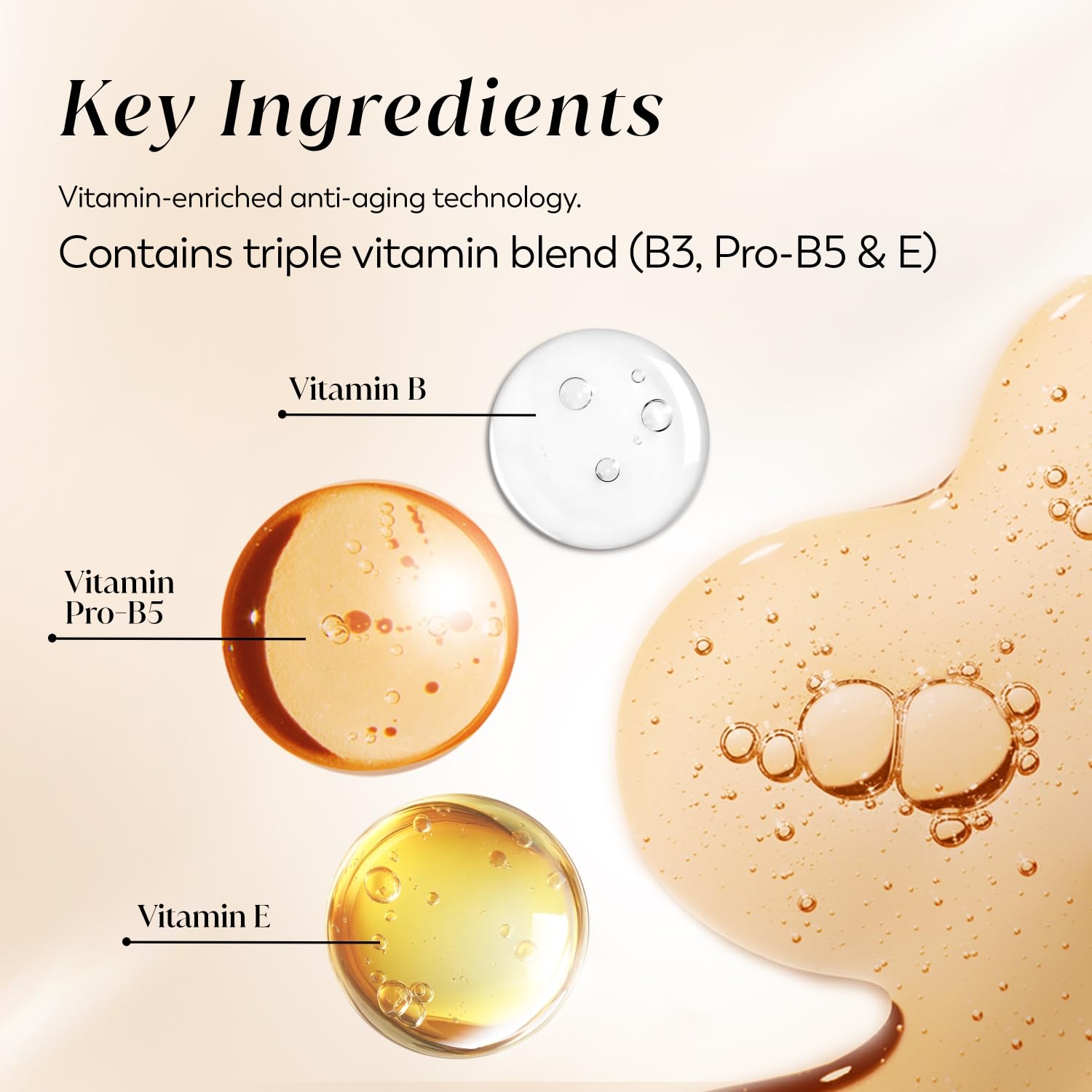 Illustration of vitamin droplets with labels for Vitamin B, Pro-B5, and E on a light background.