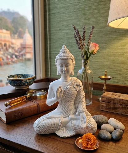 Polyresin White Meditating Buddha Idol Statue || Lord Gautam Buddha Statue Figurine Murti Showpiece for Home Decor, Living Room Decoration, Car Dashboard, Gifting