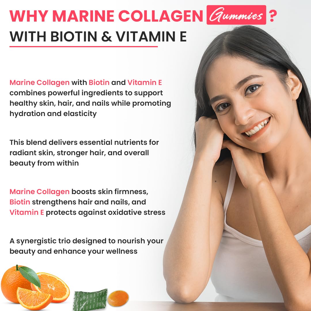 Advertisement for marine collagen gummies with biotin and vitamin E, featuring a woman and health benefits text.