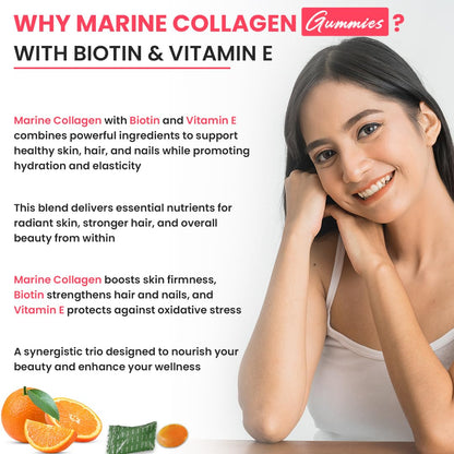 Advertisement for marine collagen gummies with biotin and vitamin E, featuring a woman and health benefits text.