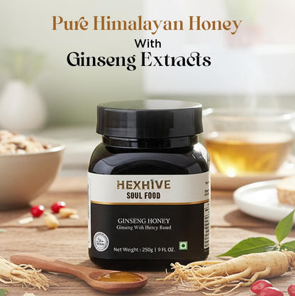Hexhive Ginseng Honey jar with ginseng roots and tea on a wooden table