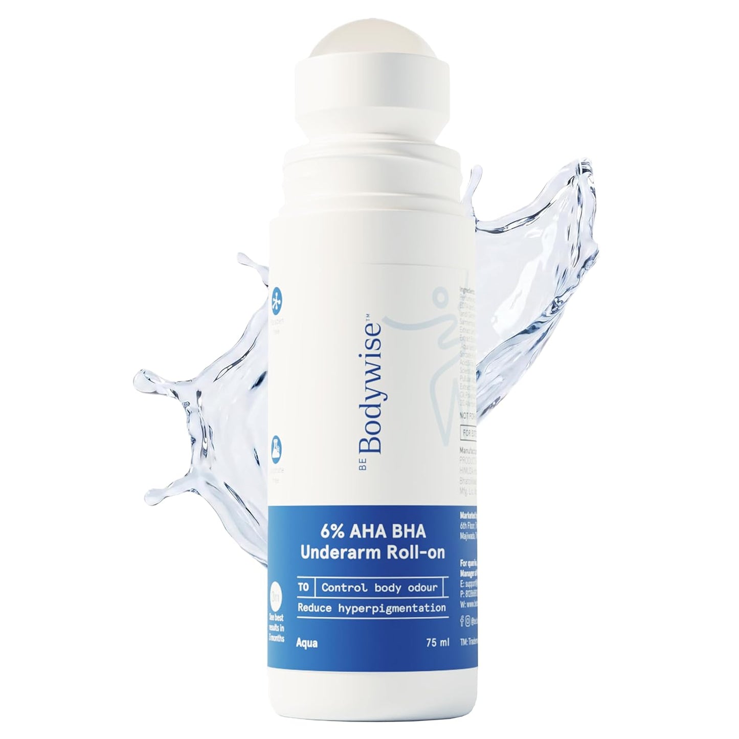 Be Bodywise 6% AHA BHA Underarm Roll On 75ml | 4% Lactic Acid, 1% Mandelic Acid, 1% Salicylic Acid | Controls Odour & Reduces Pigmentation for even tone skin | 0% Alcohol & 0% Aluminium | Aqua Fragrance