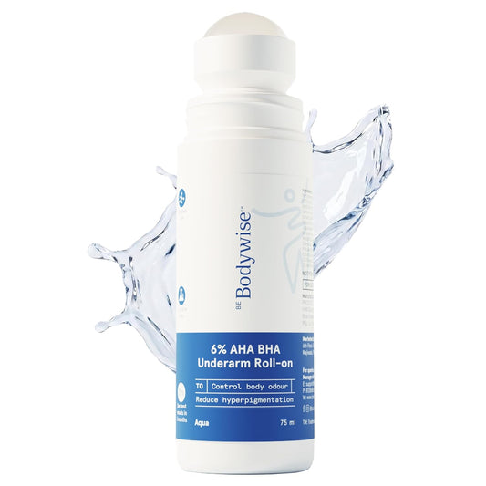 Be Bodywise 6% AHA BHA Underarm Roll On 75ml | 4% Lactic Acid, 1% Mandelic Acid, 1% Salicylic Acid | Controls Odour & Reduces Pigmentation for even tone skin | 0% Alcohol & 0% Aluminium | Aqua Fragrance