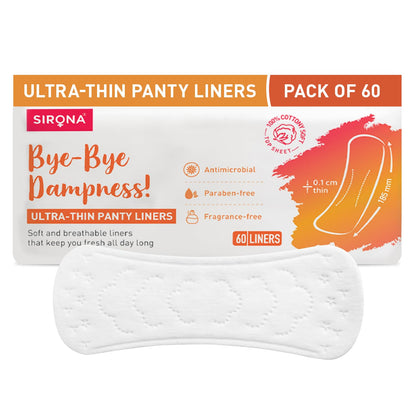 Sirona ultra-thin panty liners packaging with a white liner on a white background