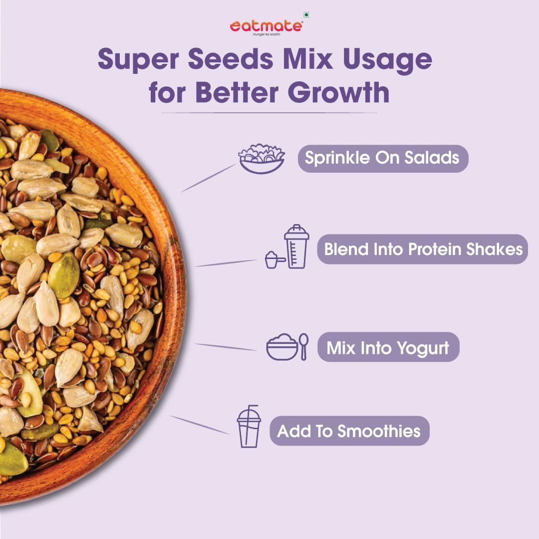 Eatmate Superfood Premium Seed Mix | Protein-Rich Healthy Snack | Pumpkin, Sunflower, Flax, Chia, Sesame & Watermelon Seeds | Fiber-Rich Ready to Eat