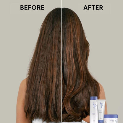 Before and after comparison of hair with shampoo and conditioner bottles displayed.