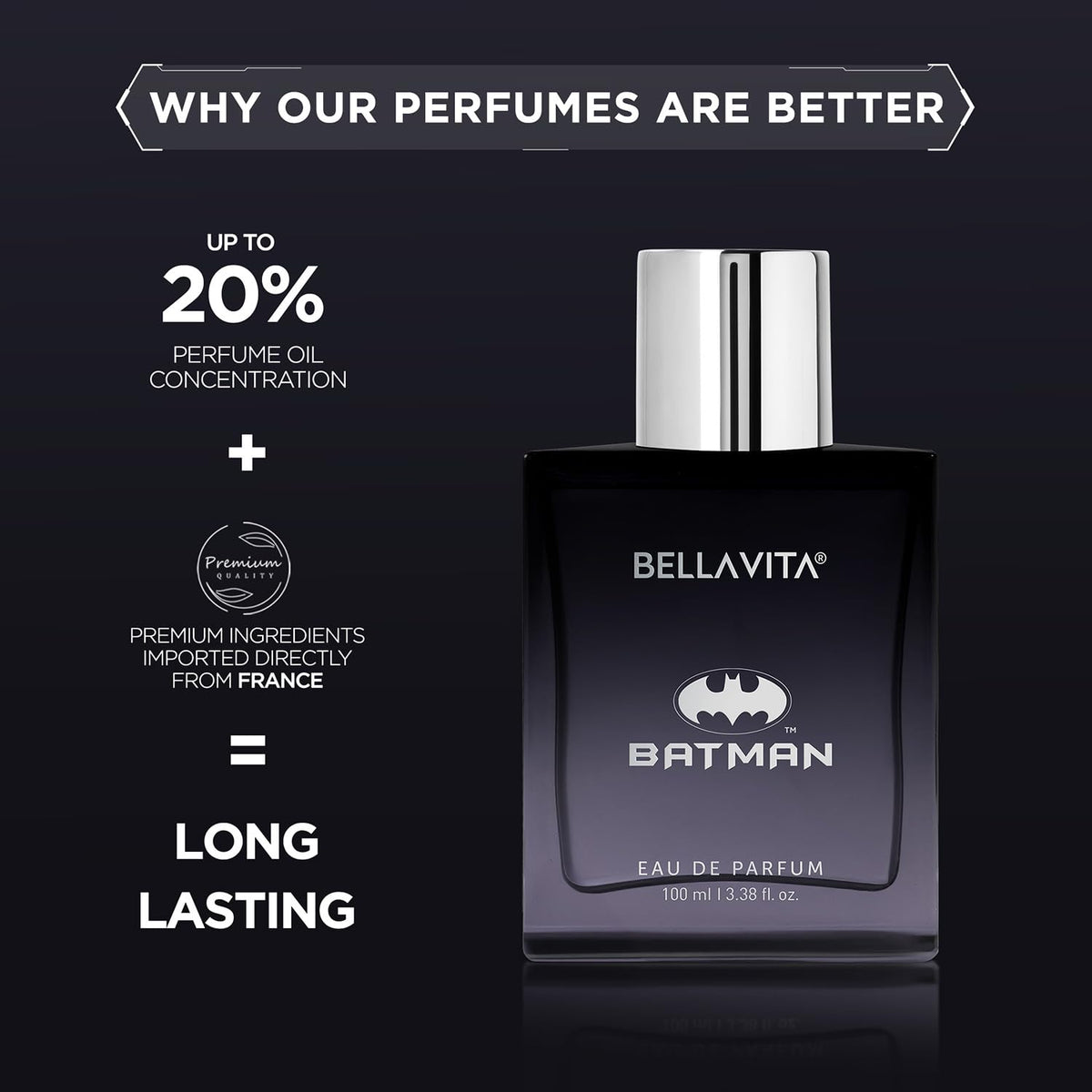 Bellavita Batman perfume bottle with promotional text on a black background