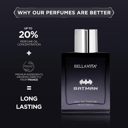 Bellavita Batman perfume bottle with promotional text on a black background
