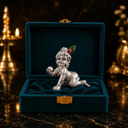 Gold Art India 999 Silver Plated Bal Krishna Idol (3.3 Inch) | Antique Matte Laddu Gopal Murti | Premium Peacock Green Velvet Gift Box | Krishna Idol for Home Temple, Office Decor & Spiritual Gifting