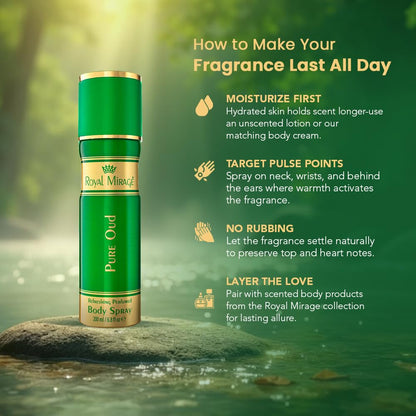 Green body spray can with instructions on how to make fragrance last all day, set against a natural background.