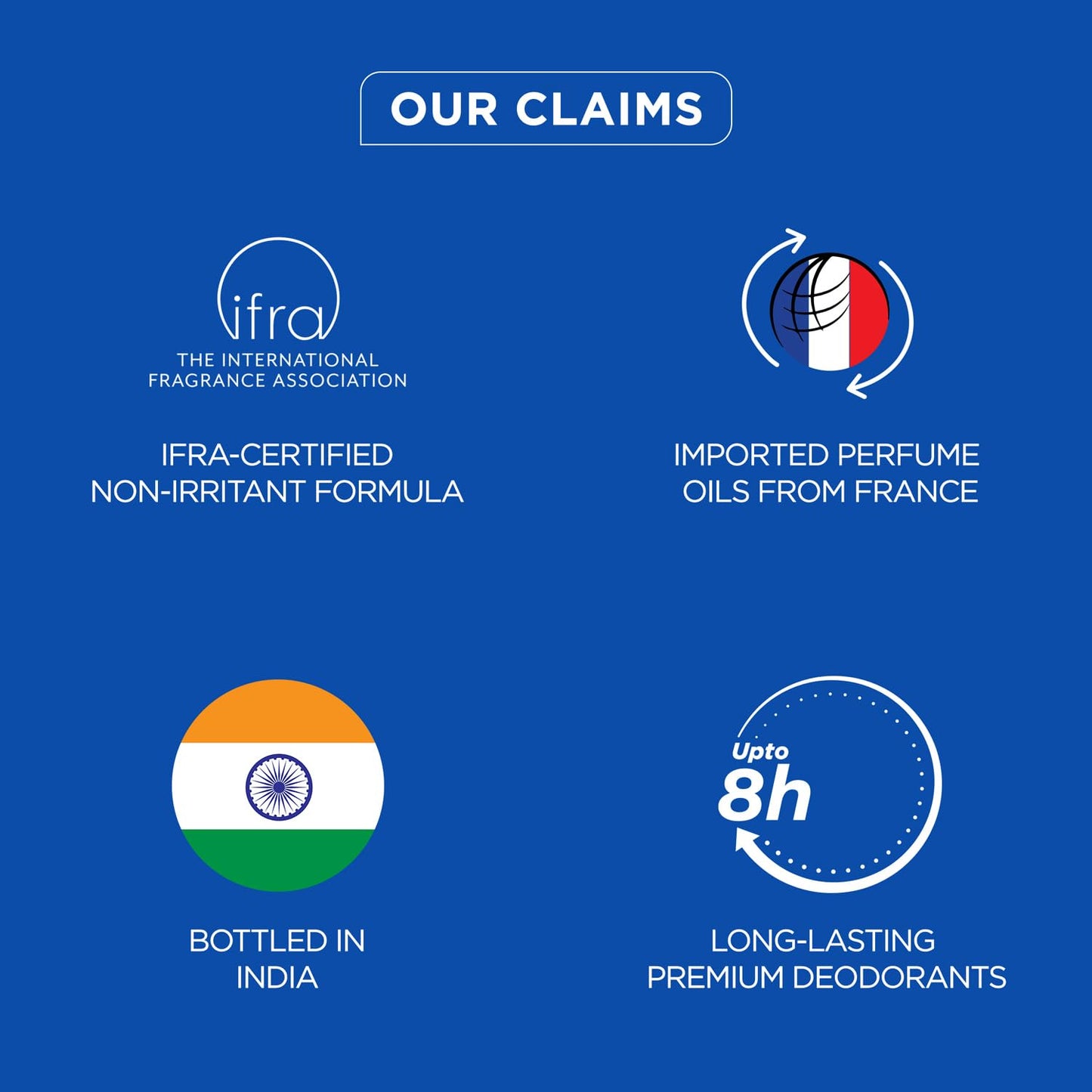 List of product claims with corresponding logos and text on a blue background