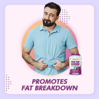 Man holding his stomach with a supplement bottle labeled 'Pro Fat Burner' on a pastel background