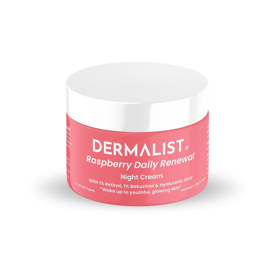 Dermalist Raspberry Daily Renewal Night Cream jar on a white background