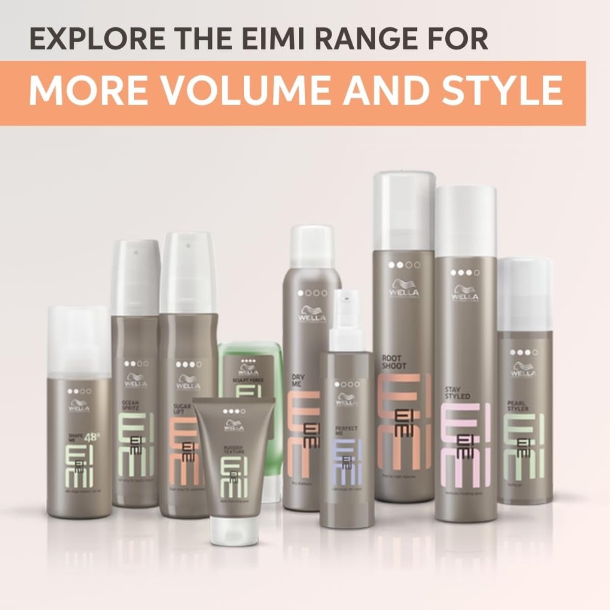 Collection of Eimi hair products on a light background with promotional text.