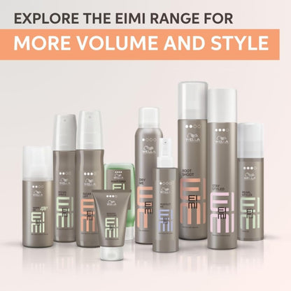 Collection of Eimi hair products on a light background with promotional text.