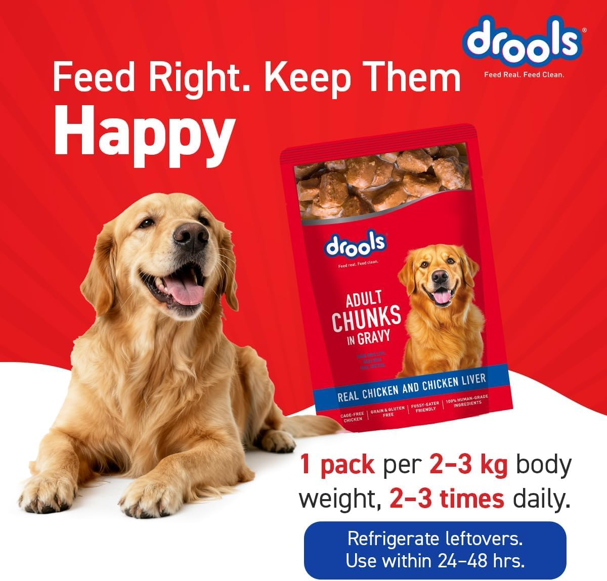 Drools Adult Wet Dog Food 0.9kg (150g x 6) Pack of 6 | Real Chicken and Chicken Liver Chunks in Gravy | Healthy Skin and Coat | Maintains Joint Health | Better Digestibility and Health