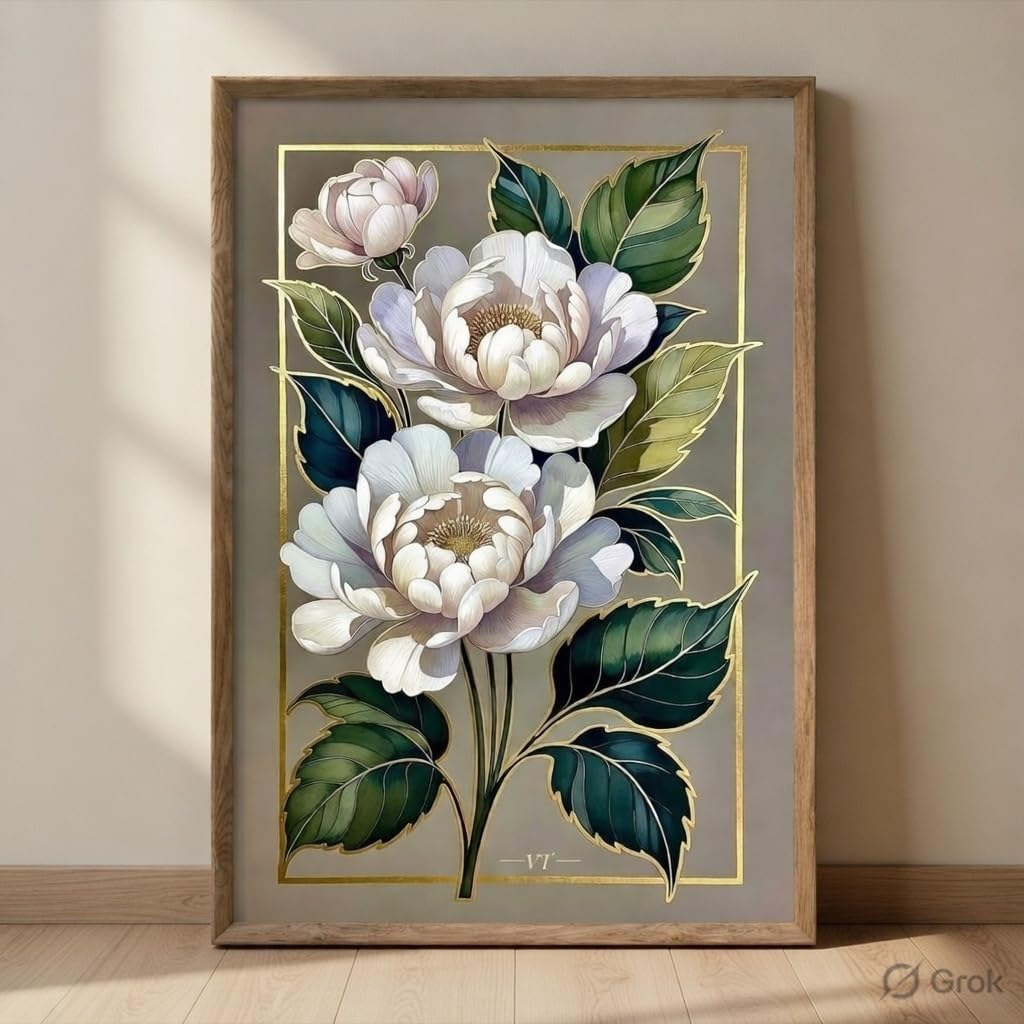 Elegant White Floral Botanical Wall Art with Wooden Frame | Luxury Flower HD UV Laminated Print on MDF | Modern Aesthetic Decor for Living Room Bedroom Office 13.5 Inch x 19.5 Inch