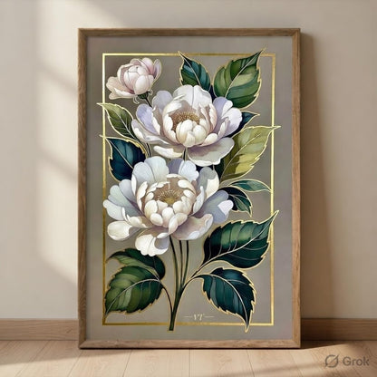 Elegant White Floral Botanical Wall Art with Wooden Frame | Luxury Flower HD UV Laminated Print on MDF | Modern Aesthetic Decor for Living Room Bedroom Office 13.5 Inch x 19.5 Inch