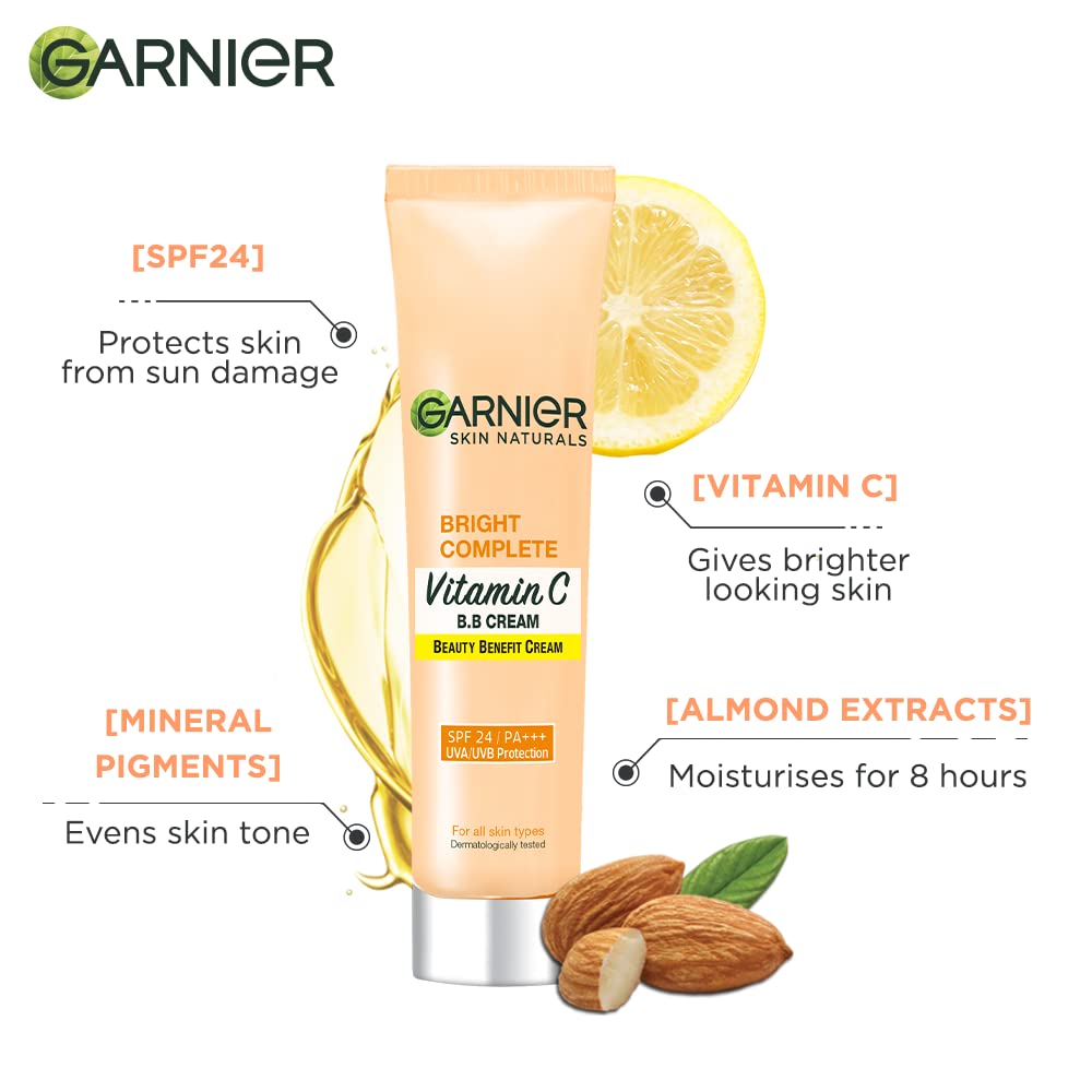 Garnier Bright Complete Vitamin C BB Cream with lemon, almonds, and almond extract on a white background