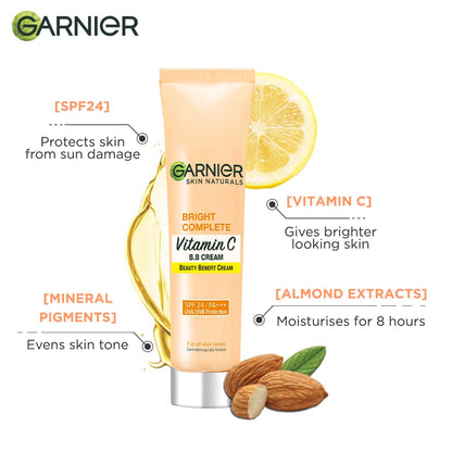 Garnier Bright Complete Vitamin C BB Cream with lemon, almonds, and almond extract on a white background