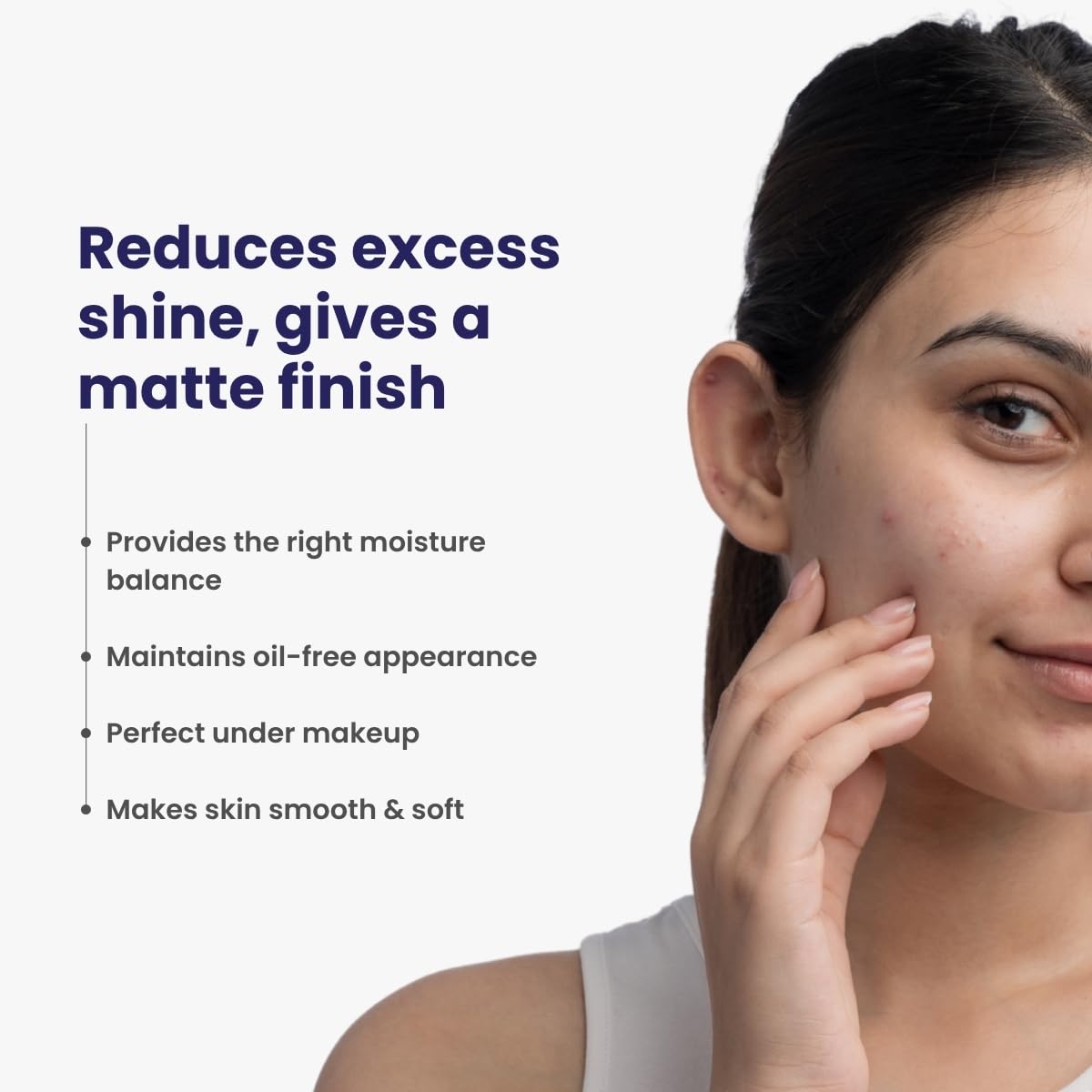 Woman touching her face with text about skincare benefits on a white background