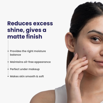 Woman touching her face with text about skincare benefits on a white background