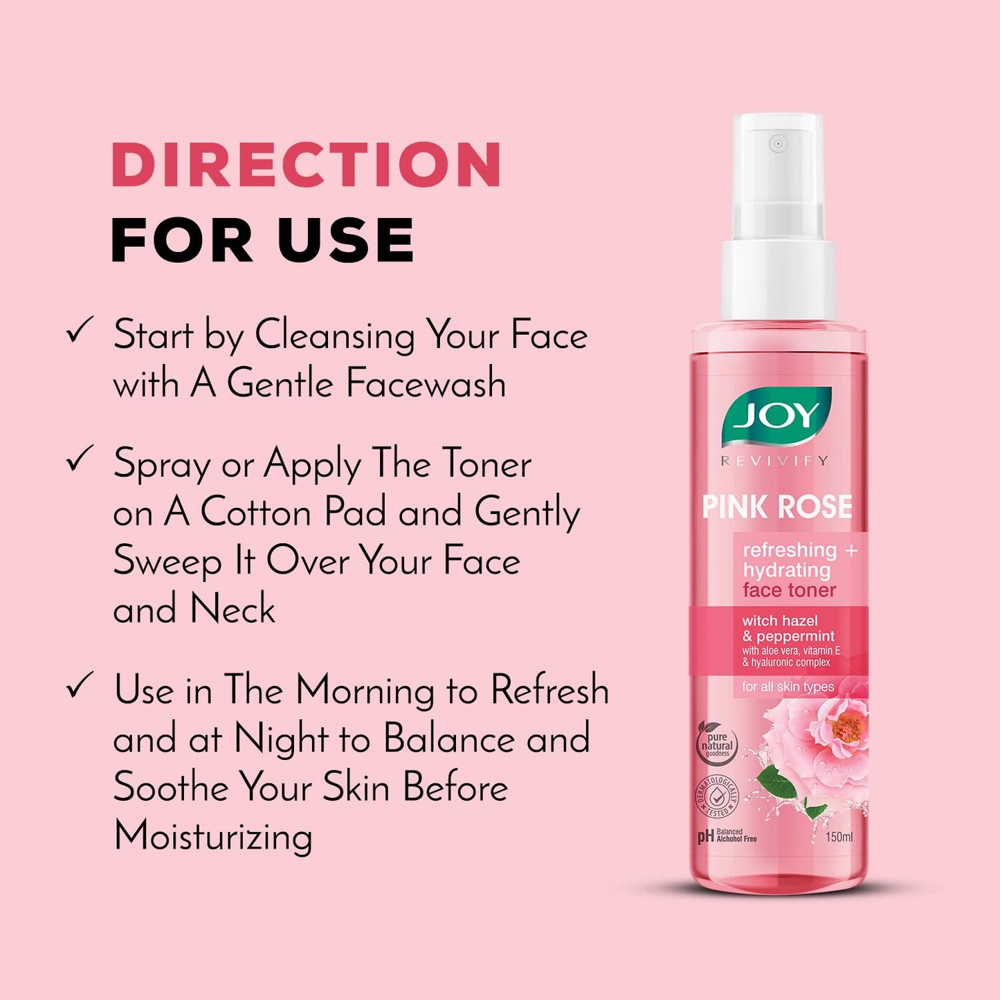 JOY Pink Rose face toner bottle with usage instructions on a pink background