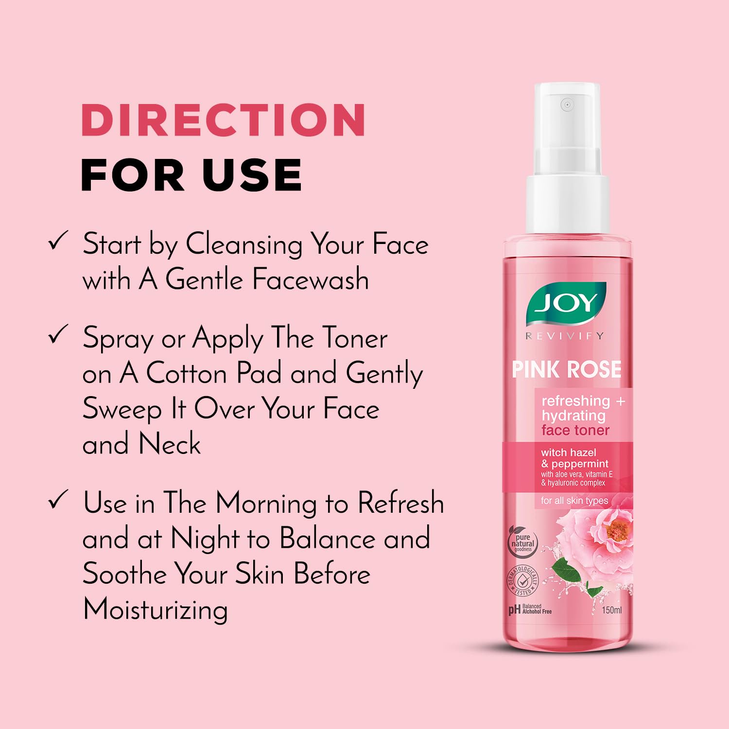 JOY Pink Rose face toner bottle with usage instructions on a pink background