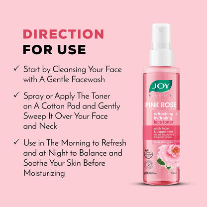 JOY Pink Rose face toner bottle with usage instructions on a pink background