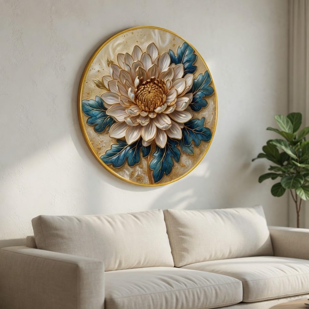 Luxury Floral Round Wall Painting White Gold Flower Art with Blue Leaves PVC Golden Frame Modern Wall Decor for Living Room Bedroom Office Home Decoration (20 x 20 Inch) GRL-394