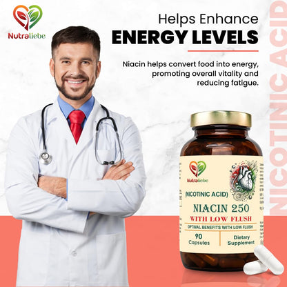 Nutraliebe Niacin Nicotinic Acid - Moderate Dose, Low Flush Formula, 90 Capsules for Cardiovascular and Energy Support
