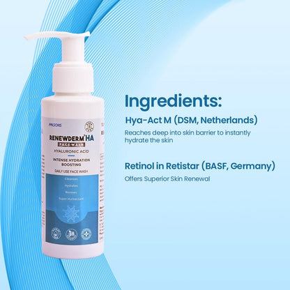 HA Face Wash With Medium Molecular Weight Hyaluronic Acid and Retinol in Retistar for Intense Hydration and Optimum Skin Cell Renewal and Rejuvenation 100ML