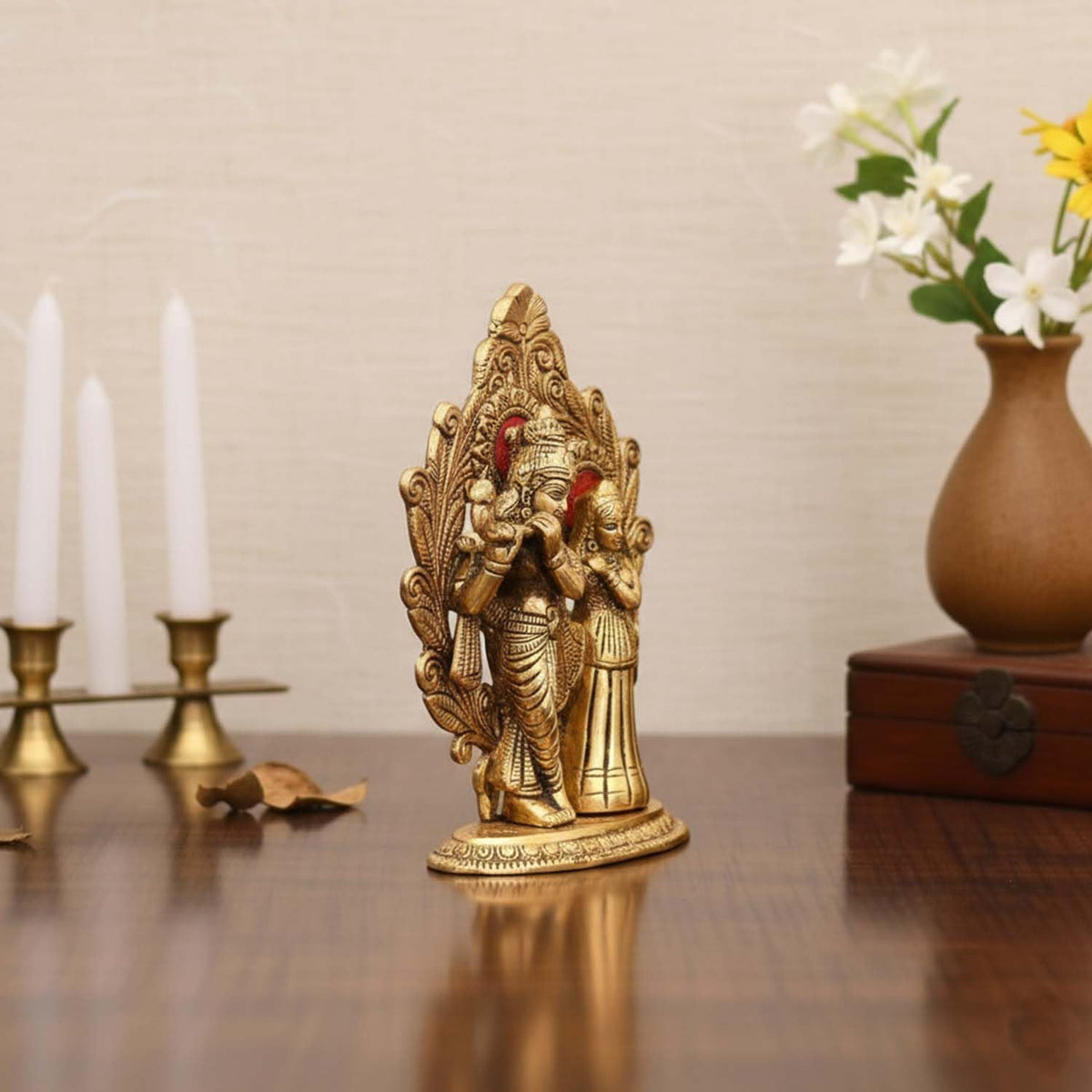 Designer Metal Oval Shaped Radha Krishna Idol Showpiece Murti Darbar for Home Decor Idol Showpiece Statue - Golden, Medium Size