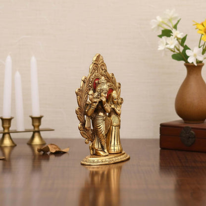 Designer Metal Oval Shaped Radha Krishna Idol Showpiece Murti Darbar for Home Decor Idol Showpiece Statue - Golden, Medium Size