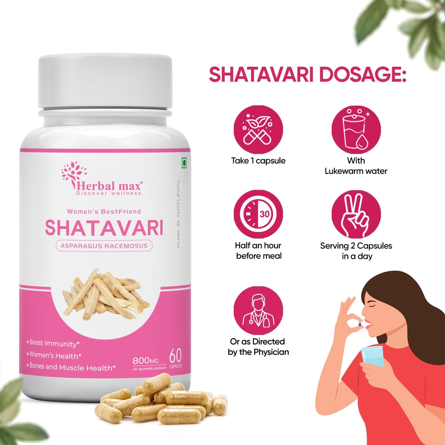 Herbalmax Organic Shatavari 400mg | Hormonal Balance & Women’s Health Supplement | Supports Lactation, Immunity, Bone & Muscle Strength, Rich in Antioxidants – 60 Veg Capsules