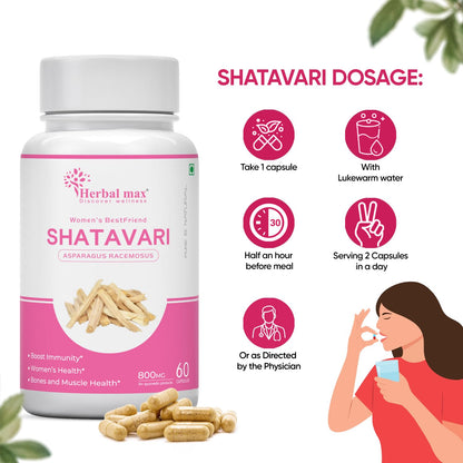 Herbalmax Organic Shatavari 400mg | Hormonal Balance & Women’s Health Supplement | Supports Lactation, Immunity, Bone & Muscle Strength, Rich in Antioxidants – 60 Veg Capsules