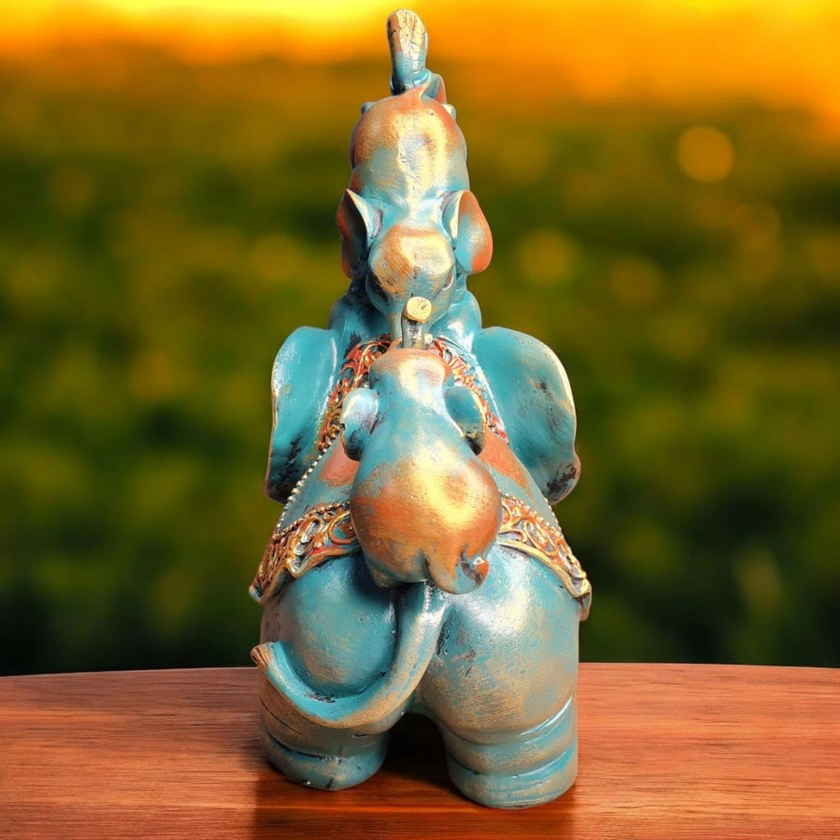 Fiber Resin Mother Elephant with 2 Lovely Babies Home Decor Idol | Blue Gold Decorative Animal Showpiece for Living Room, Bedroom, Office & Gifting | 25x15x30 cm (Regular Quality)