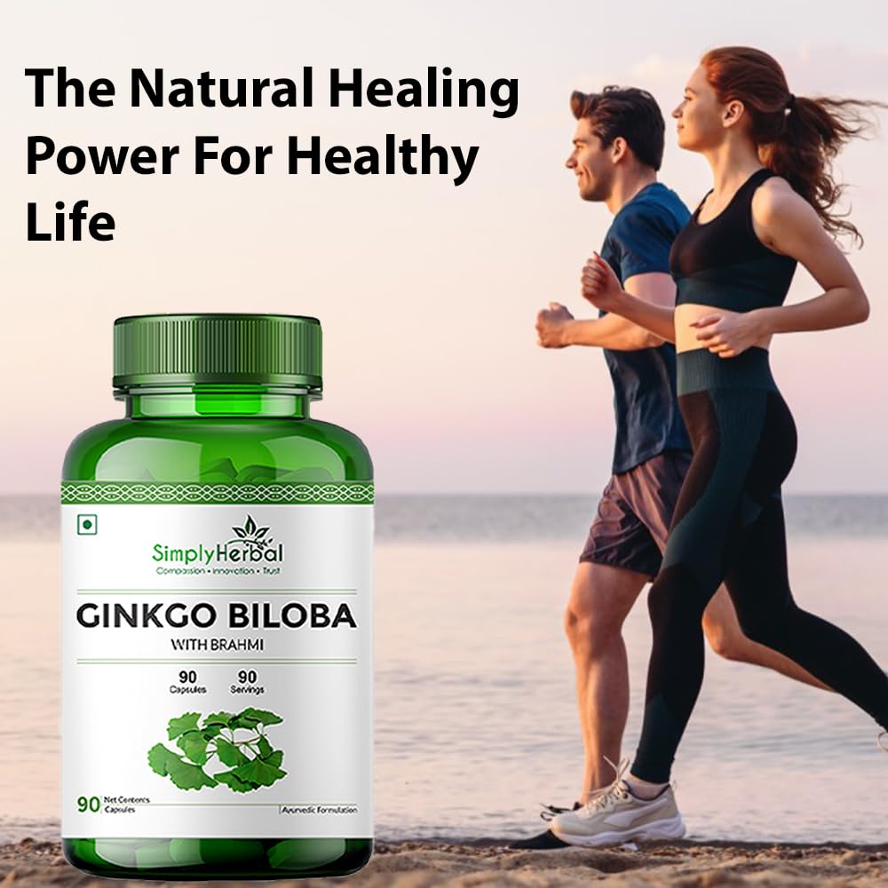 Simply Herbal Ginkgo Biloba 120mg With Bacopa Monnieri Extract Brahmi 380mg for Better Concentration, Improves Blood Circulation, Enhance Alertness, Memory & Learning, 90 Capsules