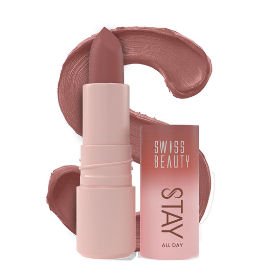Swiss Beauty Stay All Day Lipstick | 12-Hour Stay | Transfer-Proof | Matte Finish | With Vitamin E & Shea Butter | Shade- 1. Pouty, 4g