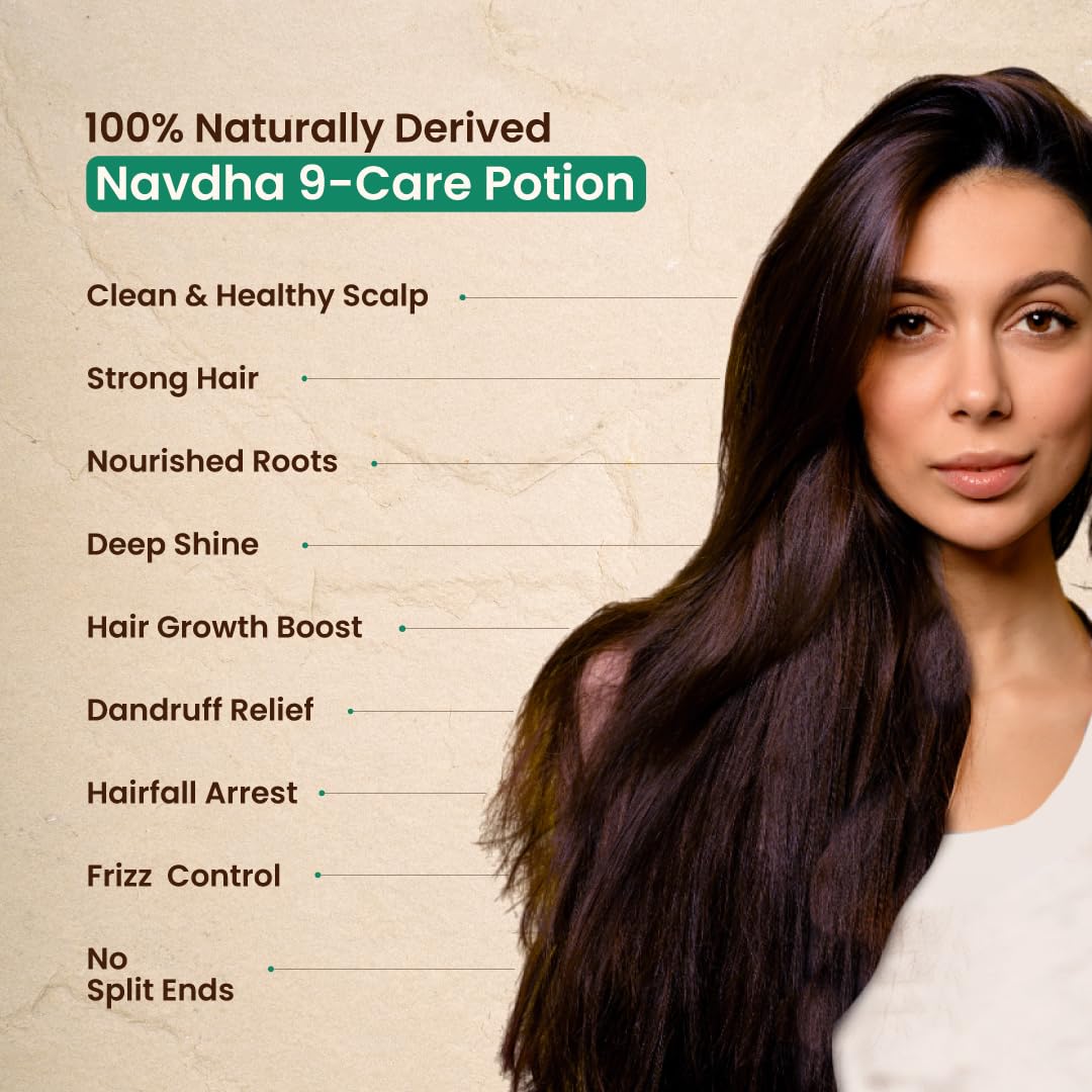 Woman with long, healthy hair next to a list of Navdha 9-Care Potion benefits on a beige background