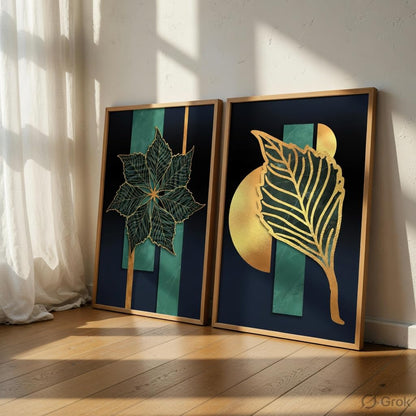 Golden Leaf Wall Painting Set of 2 with Wooden Frames | Modern Botanical Leaf Artwork HD Sparkle Laminated MDF Wall Decor | Luxury Abstract Leaf Wall Art for Living Room
