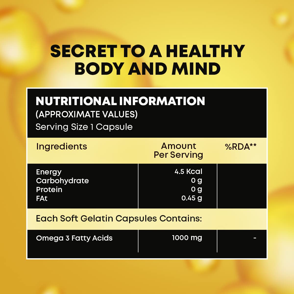 Nutritional information label for a supplement on a yellow background